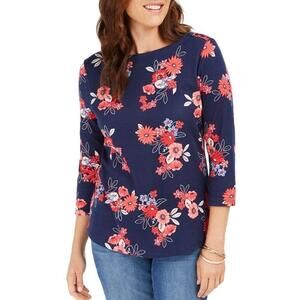 Charter Club Pima Cotton Floral-Print Top Intrepid Blue Combo S